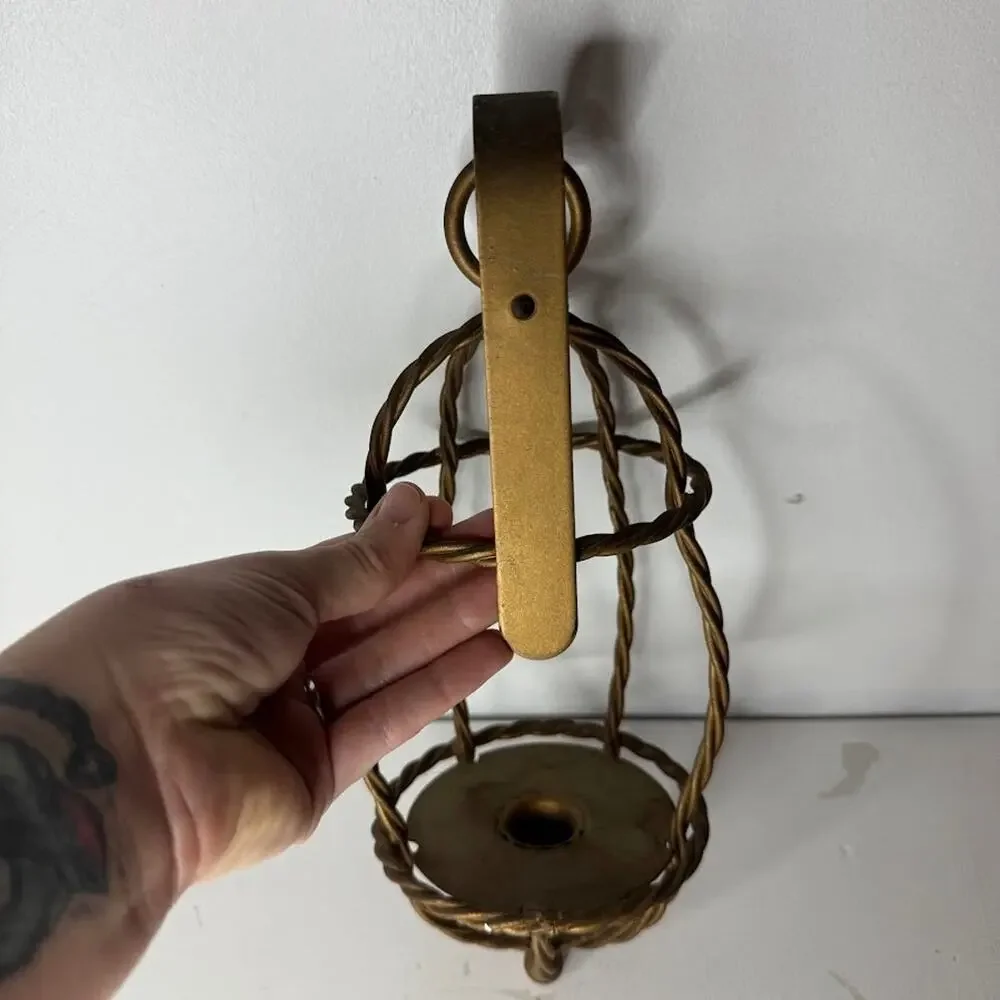 Vintage Twisted Metal Caged Candle Stick Wall Sconce Gold MCM Style